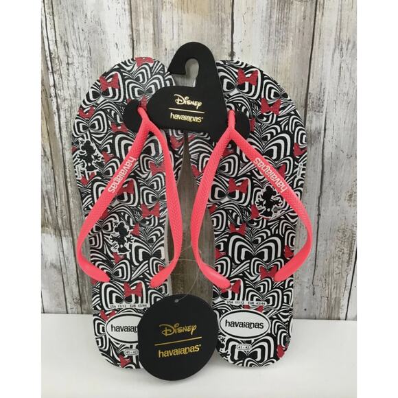 NWT Havaianas DISNEY Minnie Mouse Bow Black Flip Flops Rubber Sandals 11/12 - Picture 1 of 5